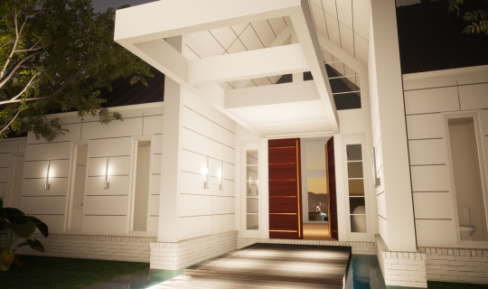 Virtual Reality rendering of dramatic front entry of modern farmhouse designed by 2e Architects in Northern Maryland