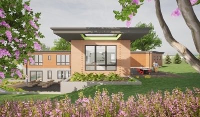 Exterior Virtual Reality rendering of hillside modern home designed by 2e Architects in Northern Maryland